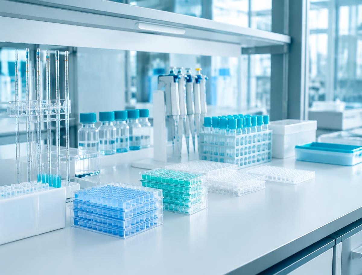 Laboratory bench with pipettes and microplates under cool clinical light